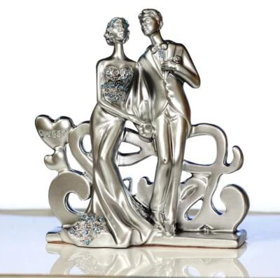 Statua Romantica In Metallo Di Coppia Decorativa Per La Casa 12x12 Cm Argento - Immagine 1 di 4