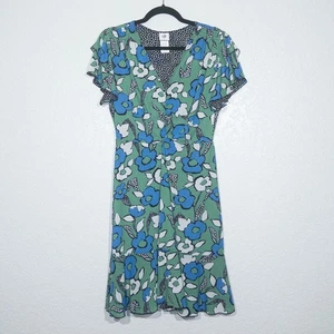 New CAbi Green & Black Comic Strip Floral Reversible Celebrate Dress Medium - Picture 1 of 8