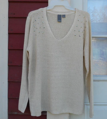Suéter Pullover Quinn Nuevo Sin Etiquetas Talla Grande Marfil Tachonado Mangas Largas Cuello en V Foto 1 de 4