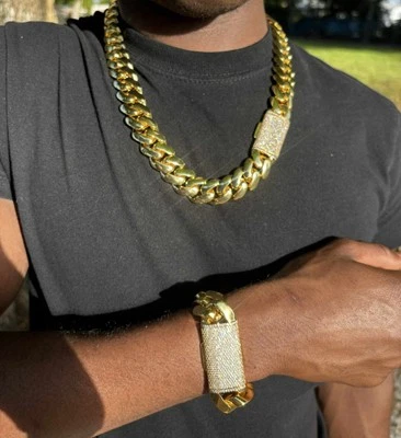 Bracelet & Chain Set  Miami Gold Cuban Link Gold Plated Stainless Steel Set 20mm - Image 1 of 4
