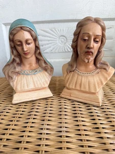 Vintage 60's Ceramic Busts Statues Jesus And Mary Religious Decor - Picture 1 of 10