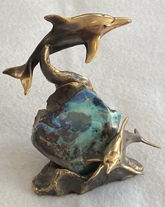 Bronze Dolphins at Play on Boulder Opal Stone Small 5" Table Top Sculpture - Picture 1 of 11