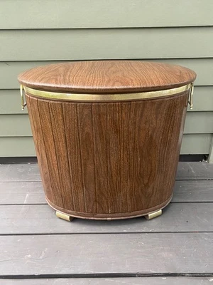 Vintage Mid Century MCM Brown Vinyl Gold Metal Laundry Clothes Hamper - Image 1 of 4