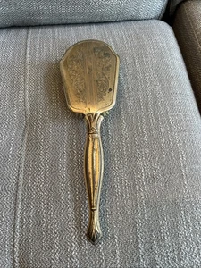 Rare Vintage Gold Tone Hand Held Vanity Mirror w/Floral Accents - Picture 1 of 8