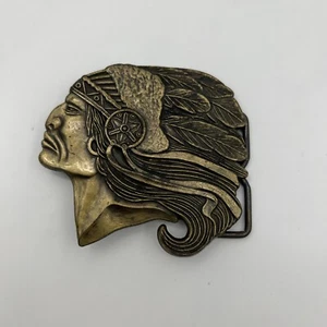 VINTAGE NATIVE AMERICAN CHIEF BRASS BELT BUCKLE AMERICAN INDIAN - Picture 1 of 4