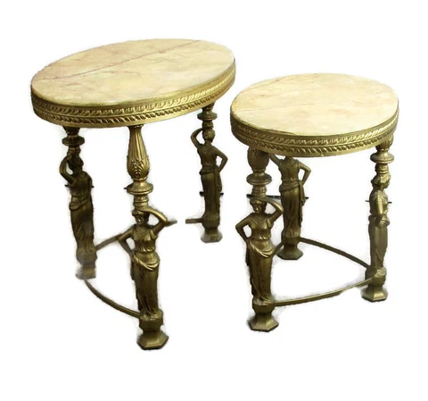 Two Nesting Stacking Side Tables Hollywood Regency Marble Top Female Figurines Cover