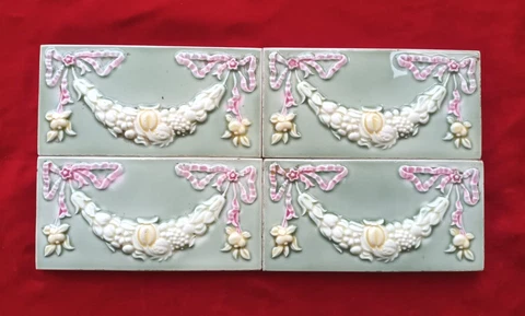 4 Piece Old Art Deco Embossed Design Majolica Ceramic Tiles Japan 0383 Cover