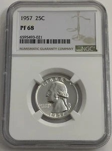 1957 NGC PF68 90% SILVER PROOF WASHINGTON QUARTER GREAT EYE APPEAL 25c WHITE LB - Picture 1 of 3