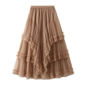 Lady Mesh Skirt Maxi Tiered Layered Ruffle Tulle Pleated High Elastic Waist Chic - Picture 1 of 17