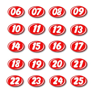 PEGATINAS PARABRISAS PEQUEÑAS OVALADAS DE 2 DÍGITOS PARA PARABRISAS VINILO NÚMERO CALCOMANÍAS PAQUETE DE DOCENAS Foto 1 de 4