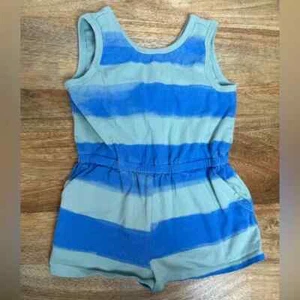 Tea Collection Girls Size 4 Striped Romper Mint Blue Teal Cross Back Tank Shorts - Picture 1 of 3