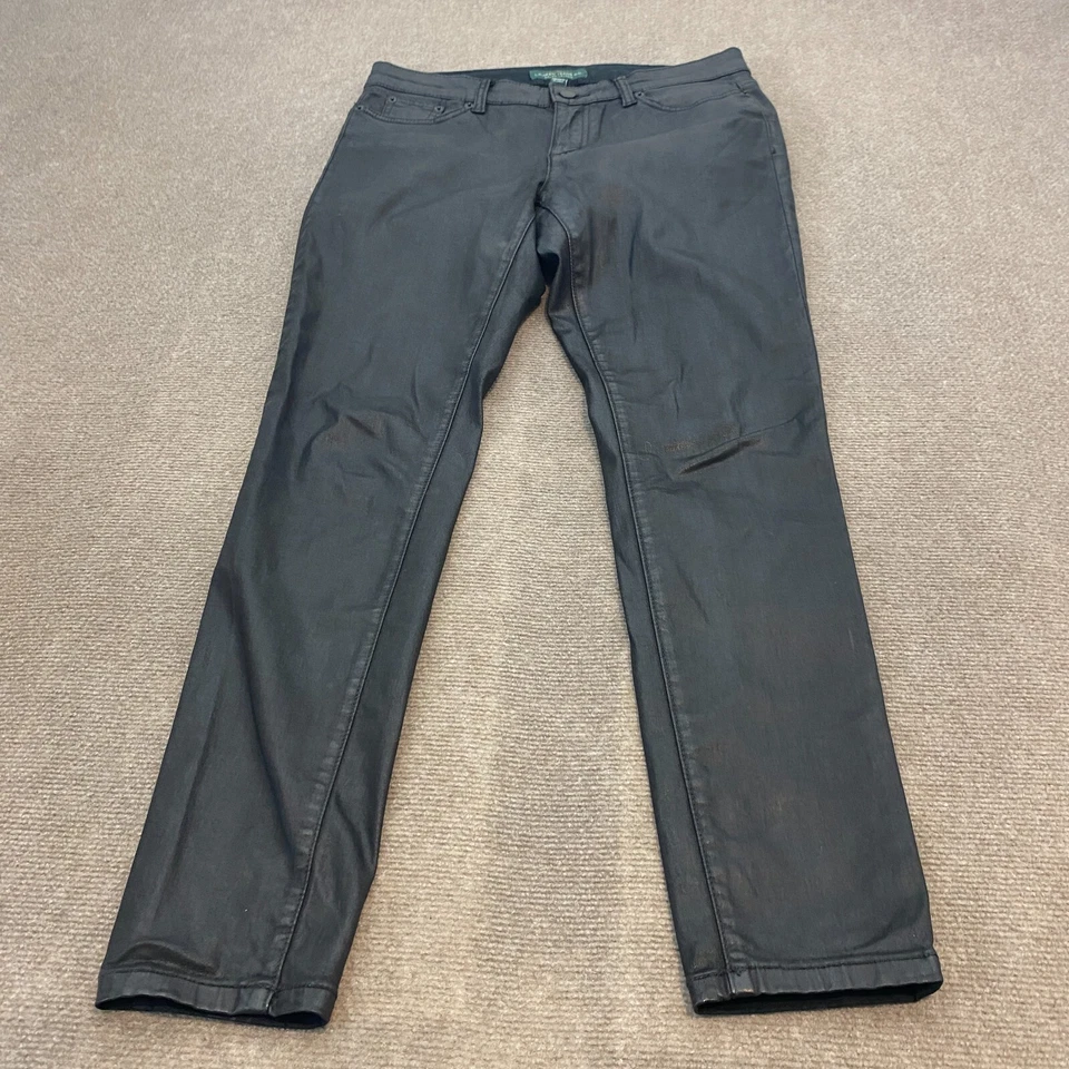 Ralph Lauren牛仔裤女式10黑色人造皮革涂层直筒弹力 — 第 1/4 张图片