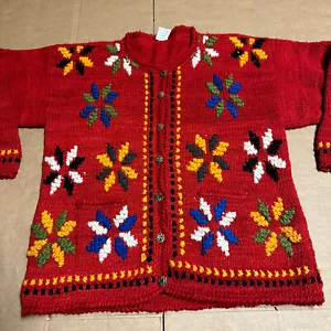 VTG Ecuador Hand Knit 100% Wool Cardigan Red Floral Sweater Women’s Size XL-XXL - Picture 1 of 14
