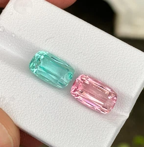Certified 9.5 Ct Cushion Seafoam Blue & Pink Tourmaline Reverse Pair Gemstones - Picture 1 of 9