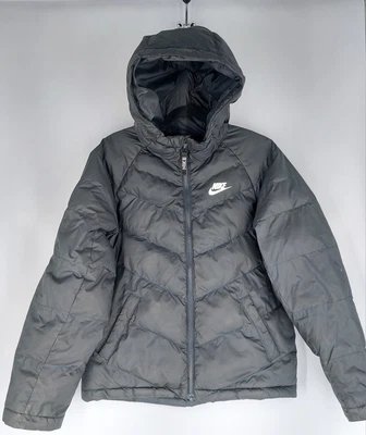 Nike Hooded Puffer Jacket Youth Large Black White Logo  - Image 1 of 4