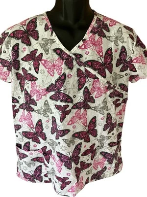 Metro Scrubs Scrub Top Women's Medium White Black Pink Butterflies V-Neck - Image 1 of 4