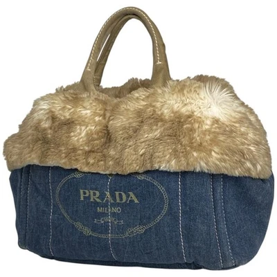 PRADA Kanapa Tote Fake Fur Handbag Denim Blue Beige BN2182 #BS1862 - Image 1 of 4