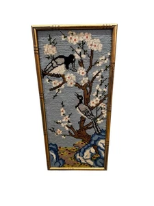 Vintage Framed Needlepoint Birds On Cherry Blossom 18.5 X 8.5 - Picture 1 of 4