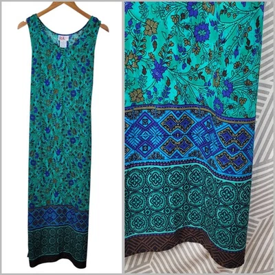 Vestido sin Mangas Vintage Años 90 Fiesta 14 Grande Largo Maxi Grunge Verde Antiguo Azul Floral Foto 1 de 4