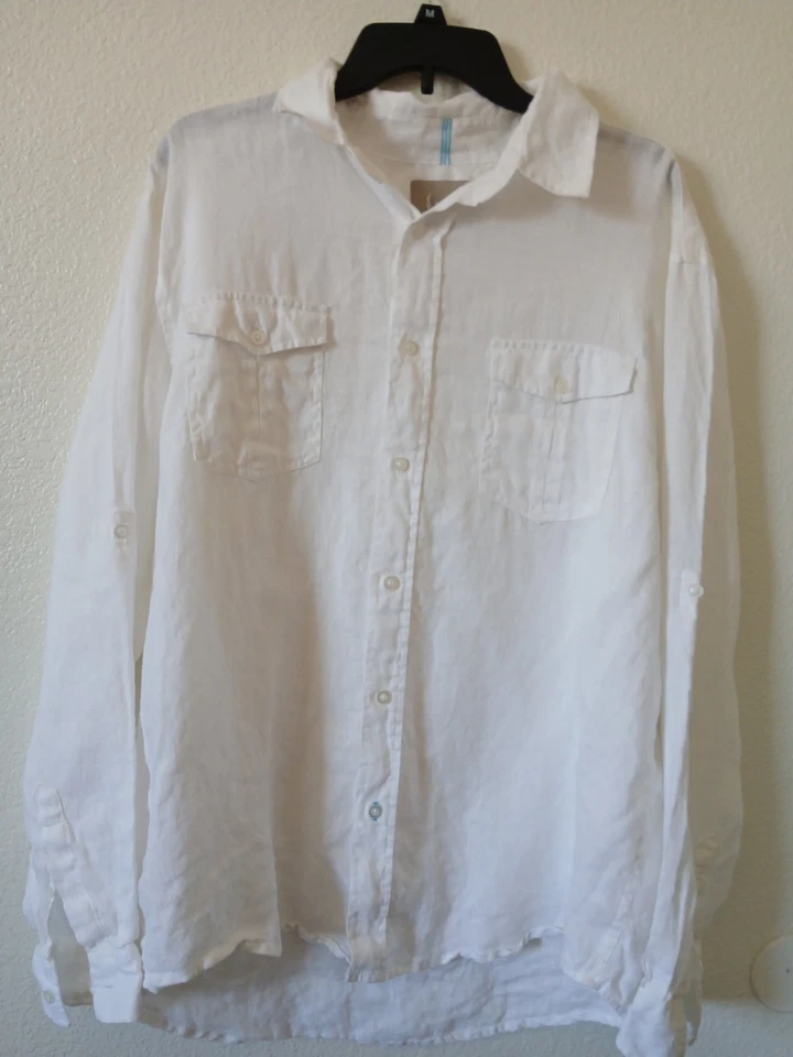 Bruno Linen Shirt Mens XL White Button Up Roll Tab Sleeve 100% Linen Minimalist - Image 1 of 4