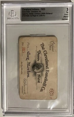 1923 Cleveland Indians Annual Pass Walter Johnson 3000th Strikeout Beckett ⚾️ - Image 1 of 4