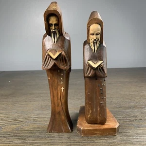 Lot of 2 Hand Carved Wooden Monk Religious Priest Bible Folk Art Friar Figures - Picture 1 of 10