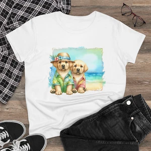 Digipups Yellow Labrador Lab Puppy Dog Pair Hawaiian Beach Fun Ladies T Shirt - Picture 1 of 3