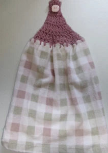 MAUVE Crochet Top GREEN MAUVE CHECK Print Cotton Kitchen Towel - Picture 1 of 1