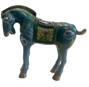 Antique 19th C Chinese  Brass Enameled Cloisonné Turquoise Horse - Picture 1 of 9