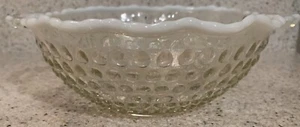 Vintage Clear Glass Hobnail Bowl w/ White Opalescent Scalloped Edges & Handles - Picture 1 of 3