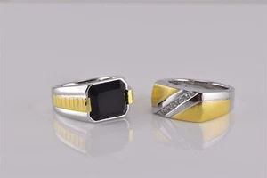 2 - 14k Gold over Sterling Silver Black Onyx Cubic Zirconia Ring 925 Sz: 10.5 - Picture 1 of 11