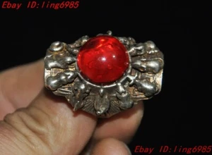 1.4" Chinese Ancient Tibetan silver Inlay gem Exorcism amulet ring - Picture 1 of 8