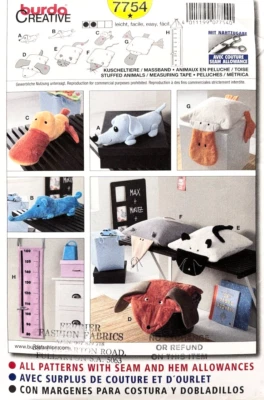 BURDA Pattern 7754 Soft Toy Fleece Animals, Cushions & Cloth Toy Tape Measure - Image 1 of 2