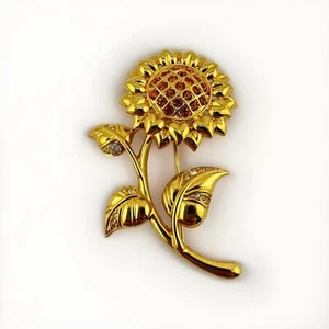 2.25” Swarovski Gold Tone Sunflower Amber White Crystal Rhinestone Brooch - Picture 1 of 4