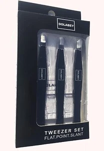 DOLABEY Professional Tweezers Set - Slant Point Flat Tip w/ Free Leather Pouch - Picture 1 of 4