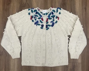 Vintage Eagle's Eye Hand Knit Wool Cardigan Embroidered Popcorn Stitch Sz L - Picture 1 of 9