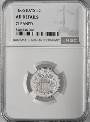 1866  5C SHIELD NICKEL WITH "RAYS"  NGC AU DETAILS "CLEANED"   #8404746-048 - Image 1 of 4
