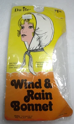NOS Vintage Plastic Rain Bonnet White Chiffon Neck NIP Vtg - Image 1 of 2