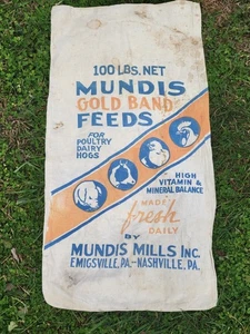Vintage Mundis Mills Goldband Futtersack Tasche Emigsville Nashville PA Kuh Schwein Huhn - Bild 1 von 9