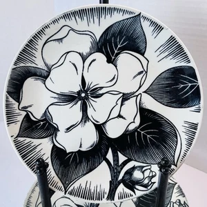 VTG MCM Homer Laughlin 6 Dinner Plates - Malay Dura Print - Black White Floral - Picture 1 of 5