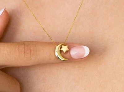 14K Solid Yellow Gold Moon Star Necklace Dainty Celestial Necklace December Gift - Image 1 of 4