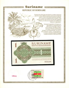 Suriname 1 Gulden 1974 UNC P 116d w/ UN FDI FLAG STAMP Low KC01149 - Picture 1 of 4