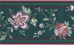 Fancy Jacobean Retro Flower Floral Vtg Green Purple Violet Wallpaper Wall Border - Picture 1 of 2