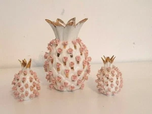 Lefton Pineapple Vase, Salt and Pepper Shakers White with Pink Roses Vintage - Picture 1 of 11