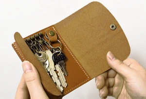men women key box case ID card holder pocket cow Leather pouch bag brown H580 - Picture 1 of 5