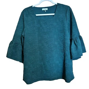 Calvin Klein Top Damen Medium Grün Blumen Struktur Glockenärmel Stretch Bluse - Bild 1 von 8
