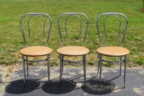 Lot of 3 Vintage Mid Century Modern Style Chrome Bistro Chairs Beige Seat Avanti Cover