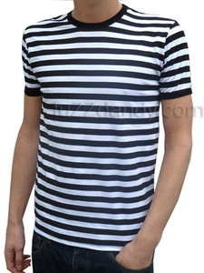 MENS Stripey Retro Tee Tshirt Black White indie Mod sailor preppy Punk 60s 80s - Picture 1 of 10