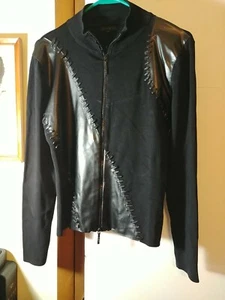  Yuka Zip-Up Sweater, Size M, Black, Faux Leather Front, Whip Stitched, #3849 - Picture 1 of 7