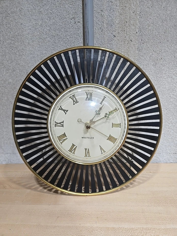 Vintage MCM 1960s Westclox Orbit Wall Clock 12” Cartwheel Brass Made USA Tested - Image 1 of 4